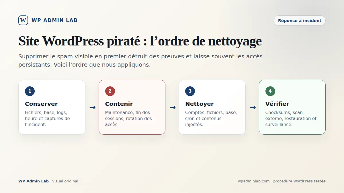 Étapes pour nettoyer un site WordPress piraté : conserver, contenir, nettoyer et vérifier