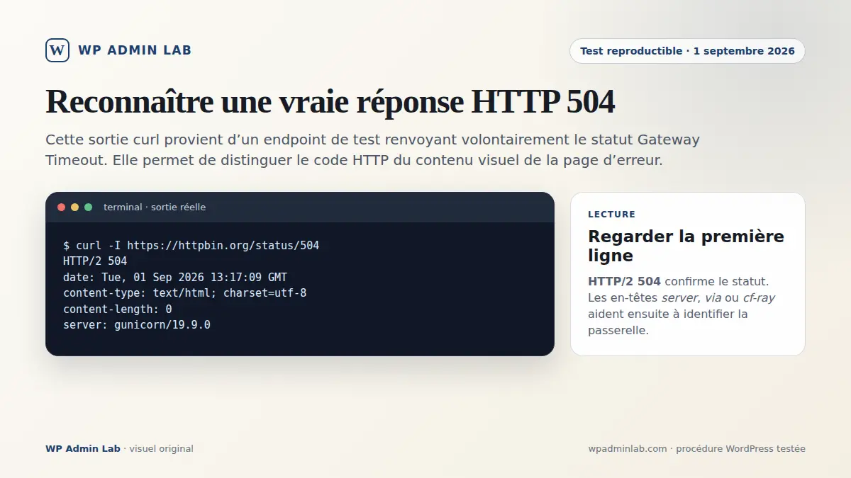 Capture authentique d’un test HTTP curl reproduisant une erreur 504