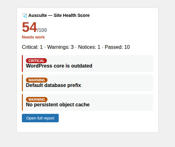 Widget d'audit WordPress Ausculte dans le tableau de bord avec score 54 sur 100