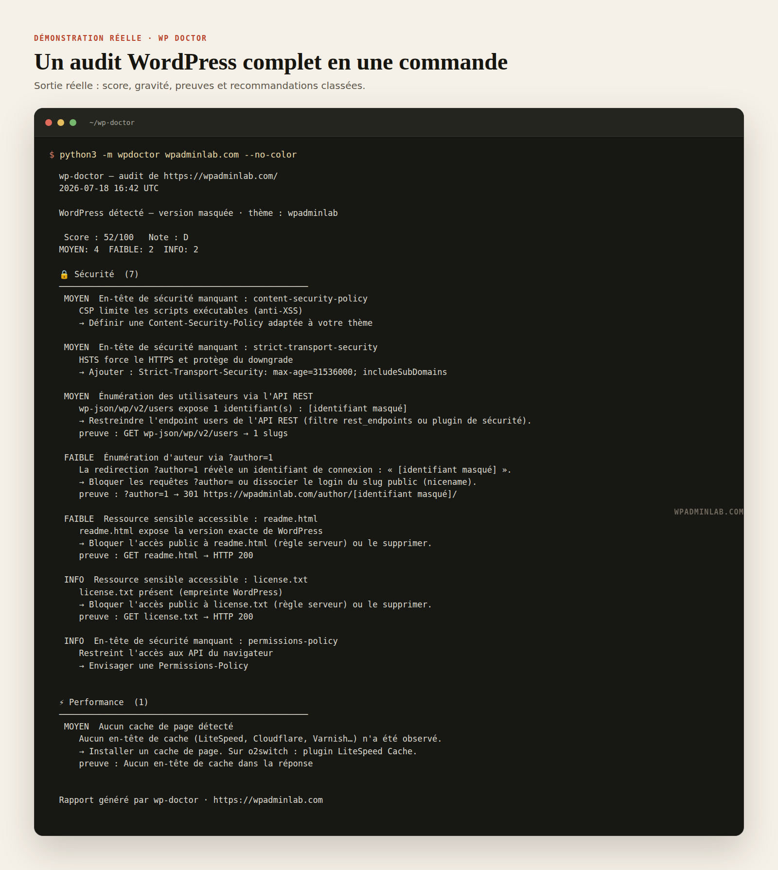Capture réelle d’un audit WordPress avec WP Doctor dans le terminal