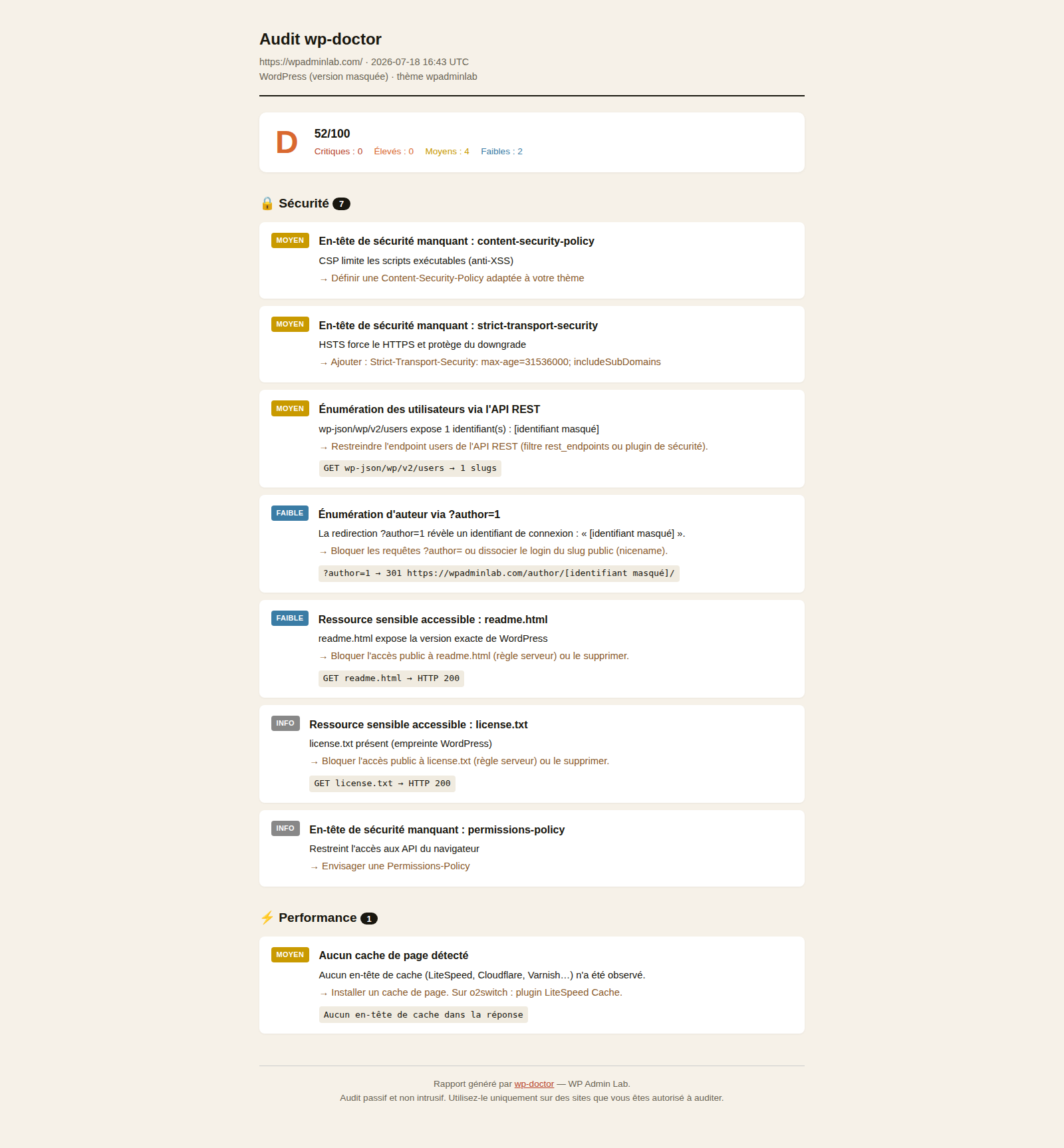 Rapport HTML complet généré par WP Doctor