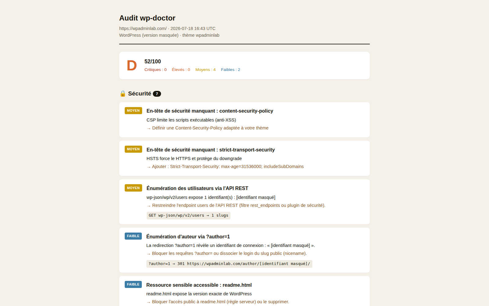 Score 52 sur 100 obtenu lors de l’audit WordPress de wpadminlab.com